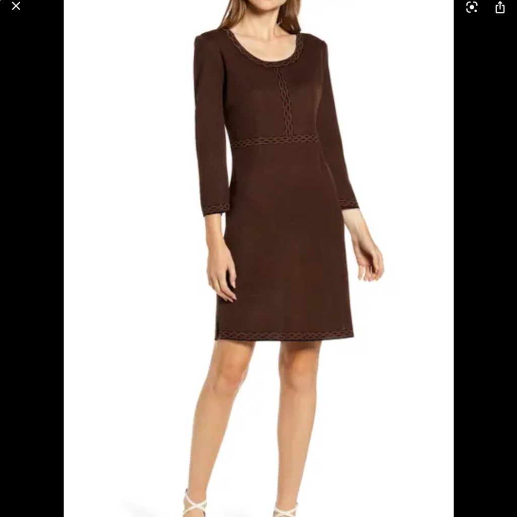Ming Wang Knit Sheath Braid Trim Dress In Cognac